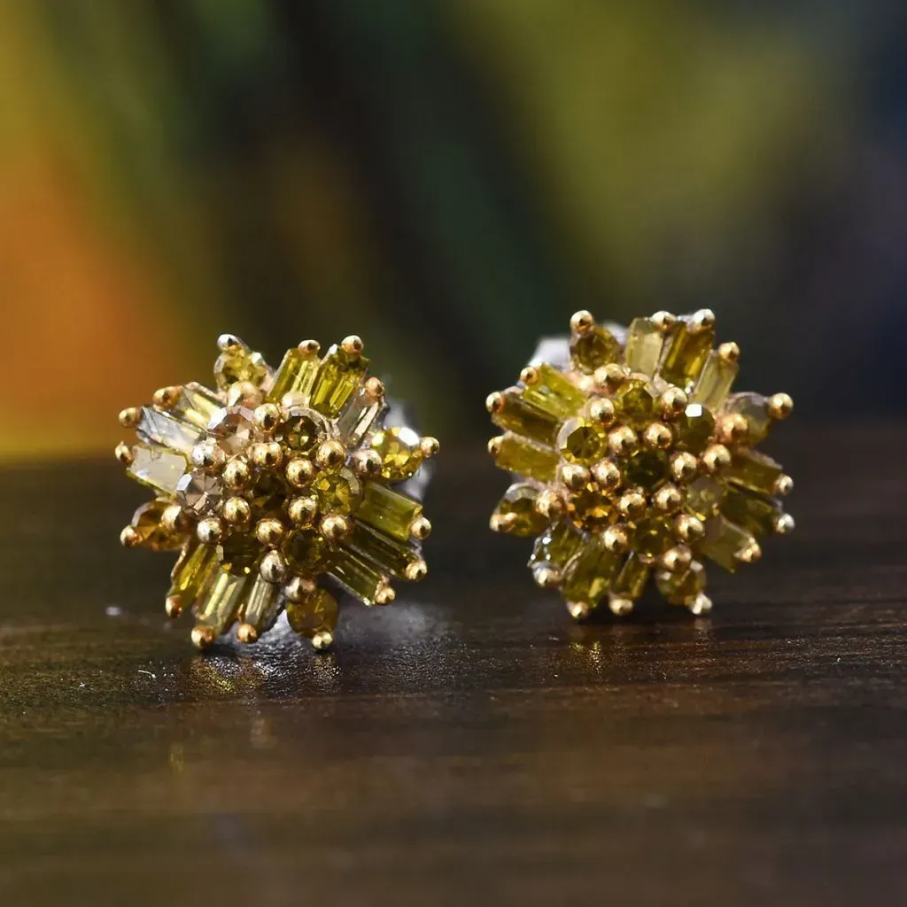Yellow Diamond Flower Earrings in Platinum Over Sterling Silver