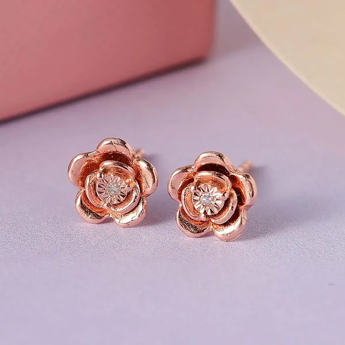 Natural Pink Diamond Accent Earrings , Rose Studs , Flower Earrings , Rose Earrings, Sterling Silver Earrings, Floral Earrings in Vermeil RG Over Sterling Silver