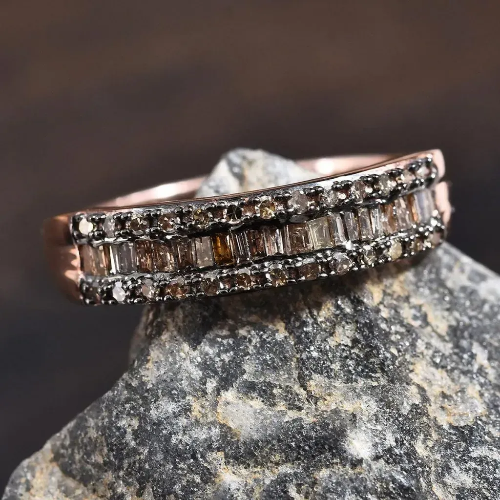 Champagne Diamond Ring in Black Rhodium and Vermeil Rose Gold Over Sterling Silver