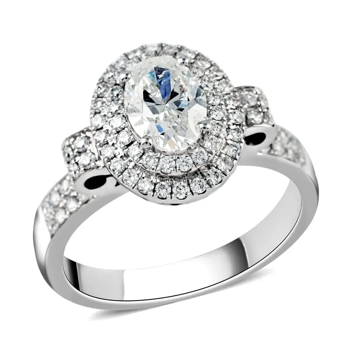 18K White Gold G-H SI2 Diamond Cluster Ring, Oval Engagement Ring