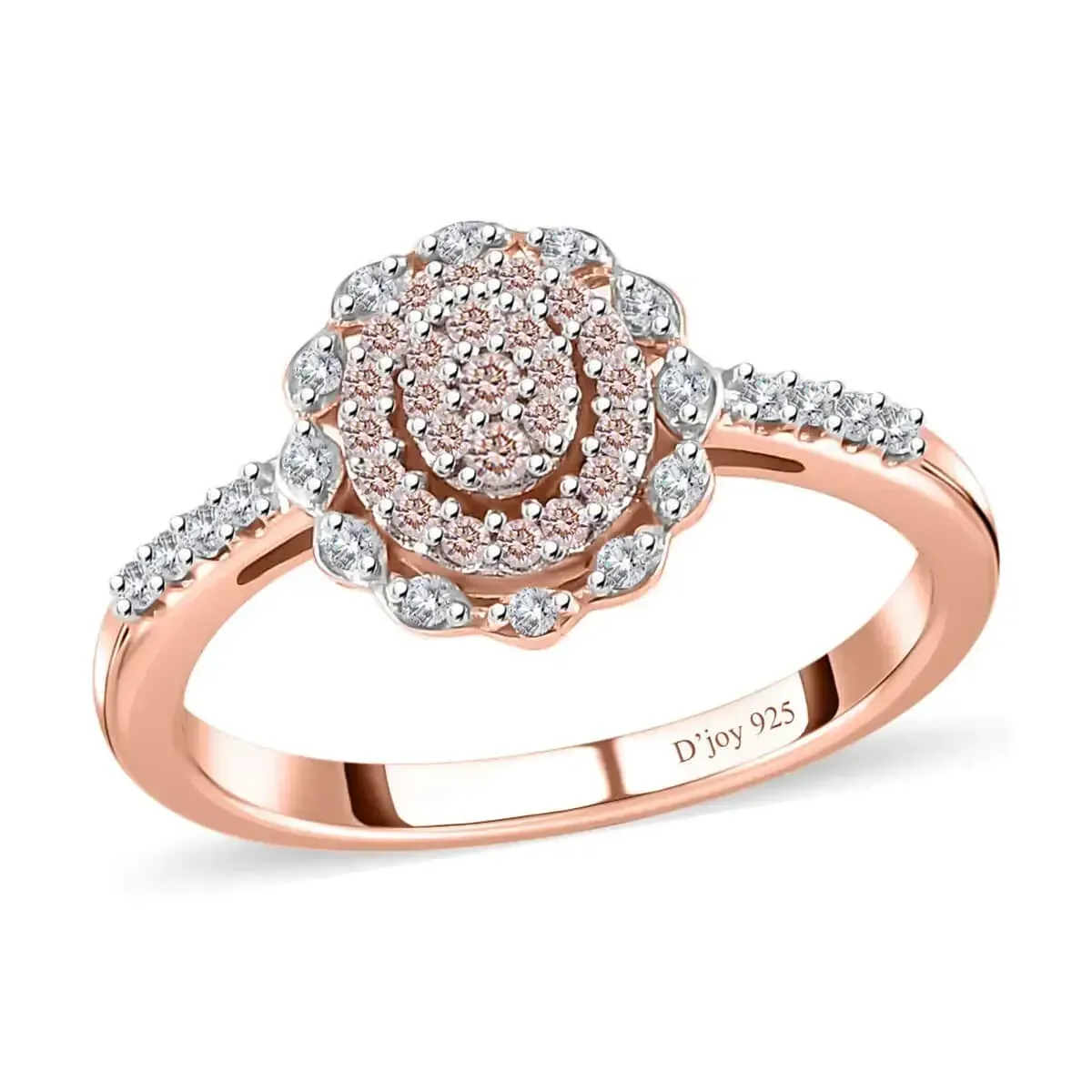 Natural Pink and White Diamond Ring in Vermeil RG Over Sterling Silver, Floral Engagement Rings For Women