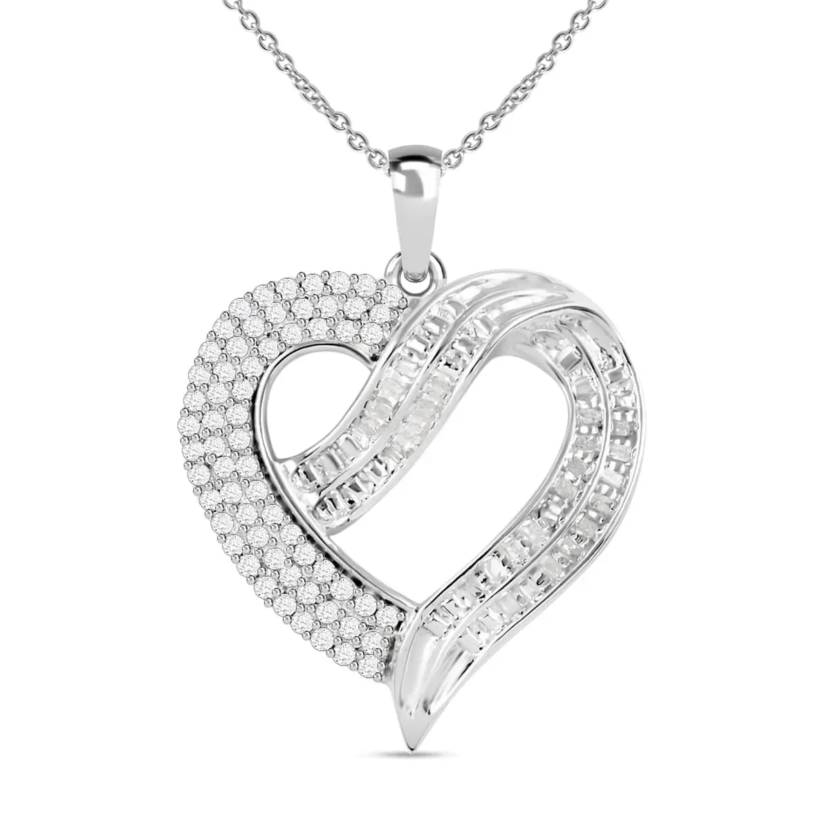 Diamond Heart Pendant Necklace 18 Inches in Platinum Over Sterling Silver