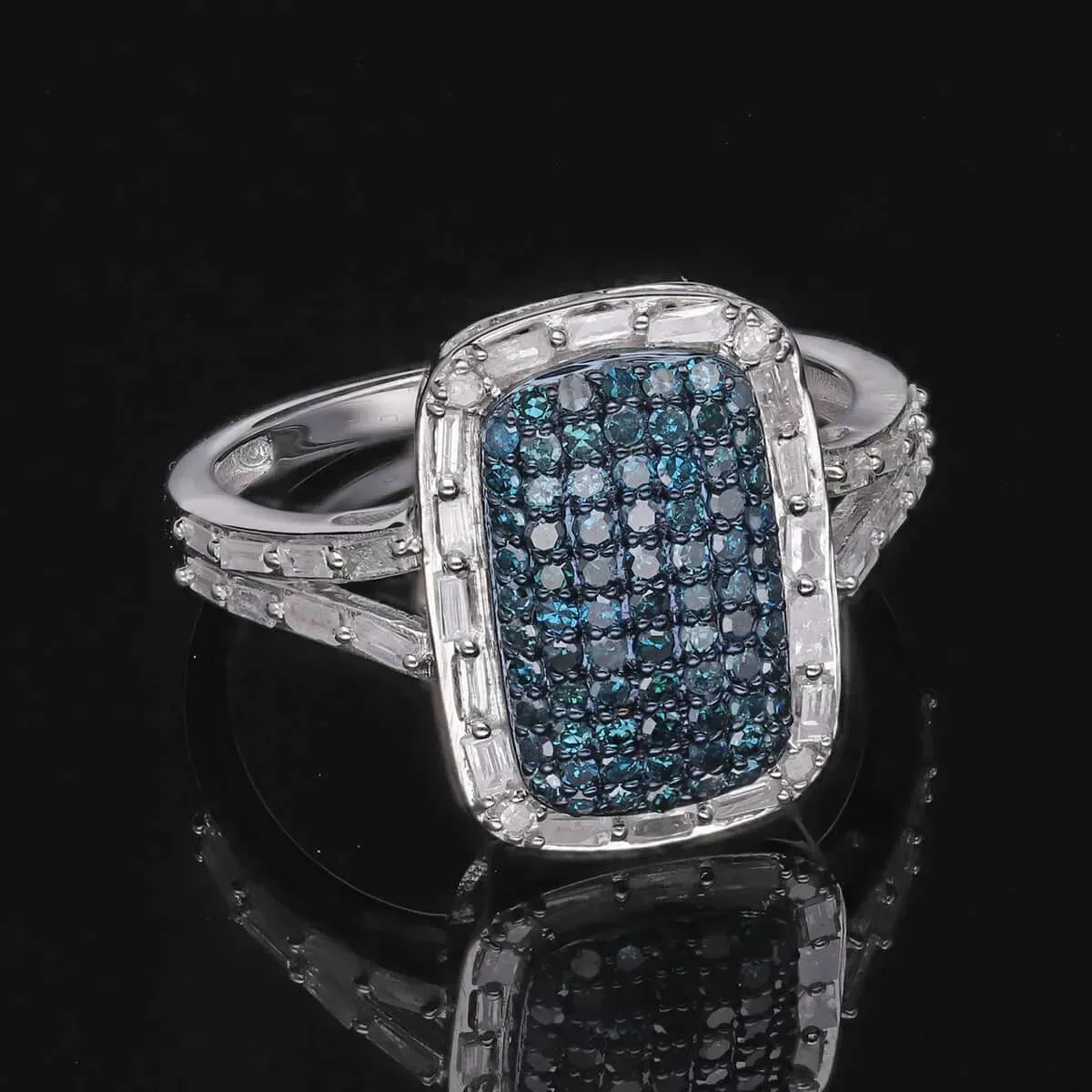 Blue Diamond and Diamond Ring in Platinum Over Sterling Silver 1.00 ctw