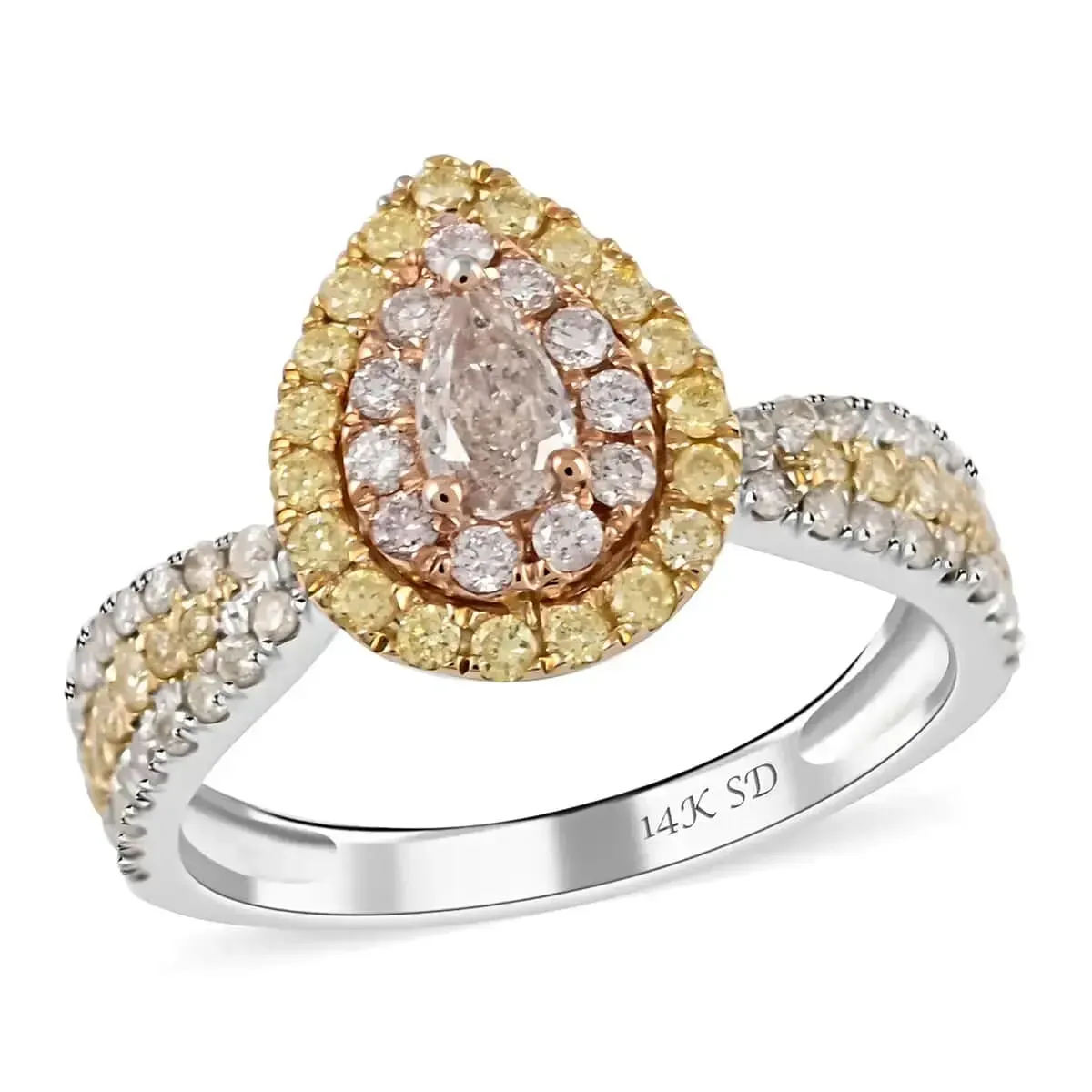 14K Tri-tone Gold Diamond Ring, Natural Pink, Yellow and White Diamond Ring, Tear Drop Ring, Pear Shape Ring, Diamond Cluster Ring, Tri Color Gold Ring