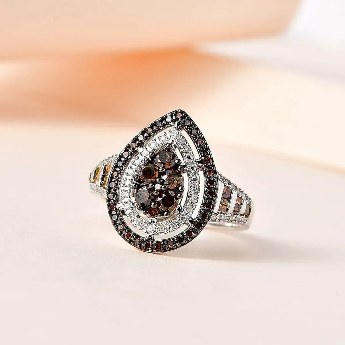 Red and White Diamond Ring in Platinum Over Sterling Silver