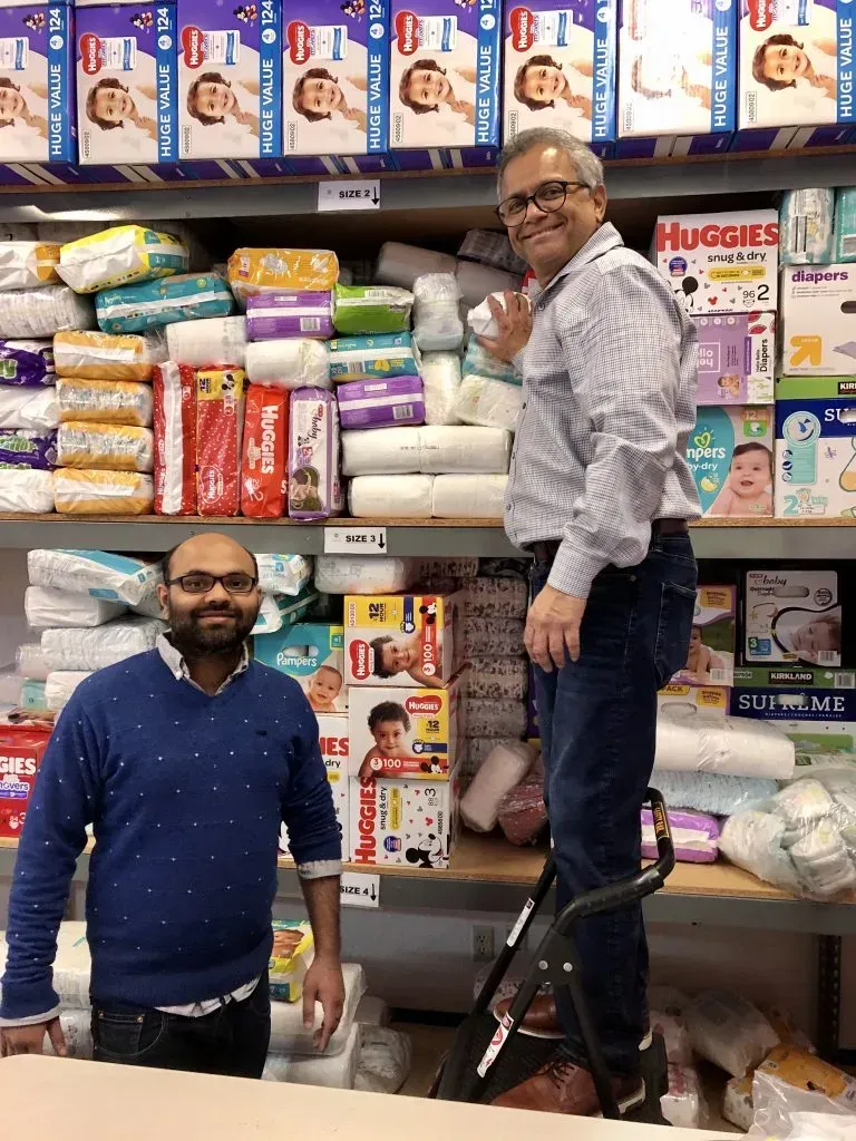 Storing diapers for distribution.