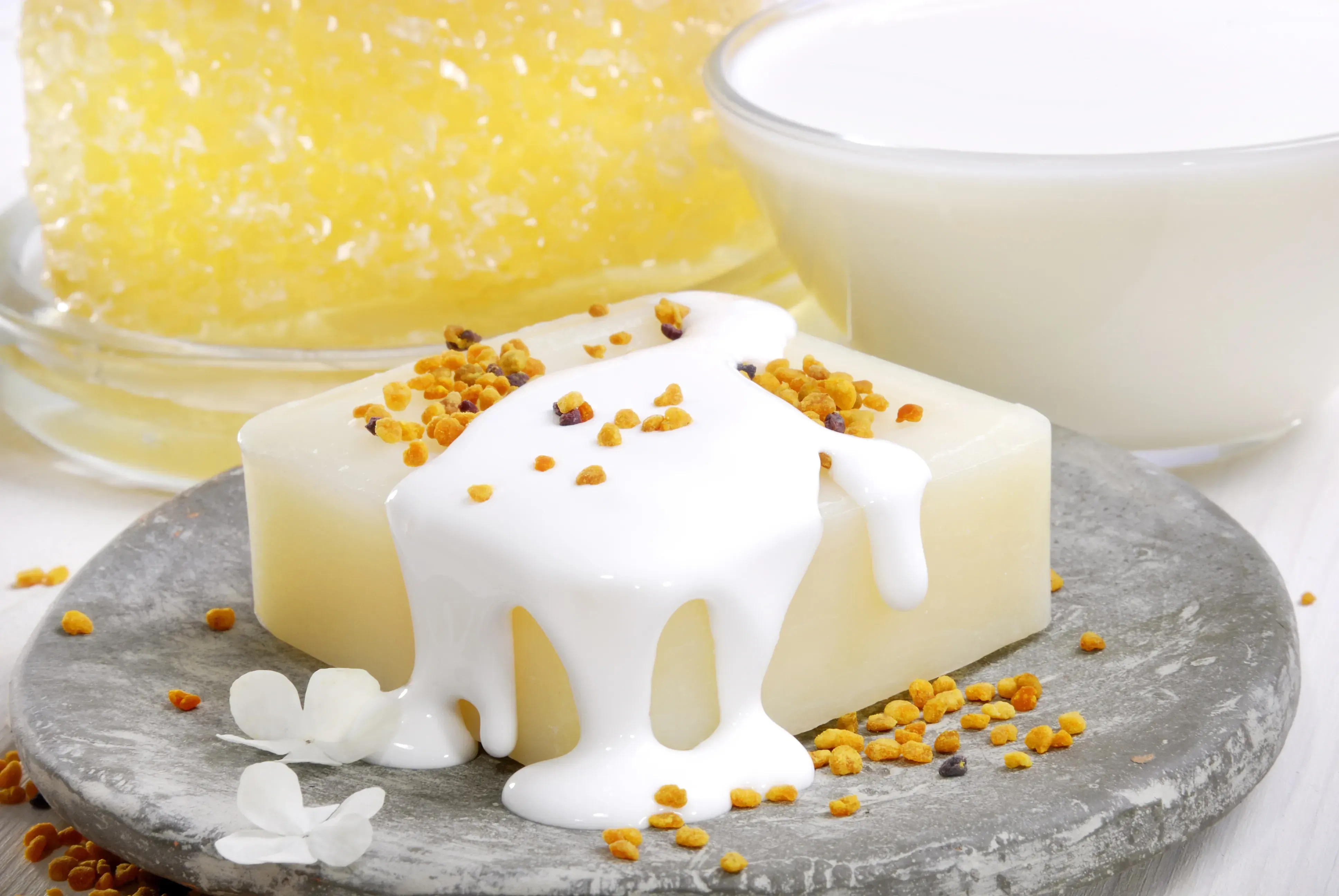 Artful arrangement of handmade milk and honey soap. 