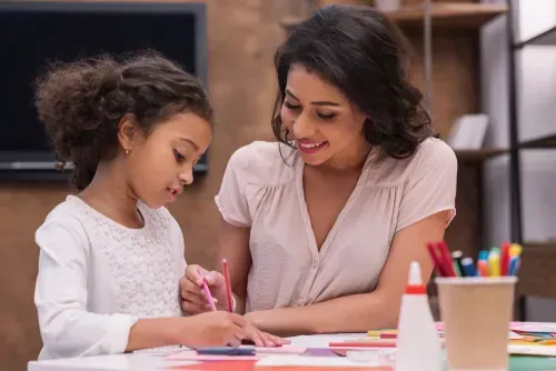 Mom and daughter making Mother's Day card.