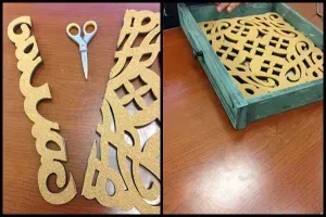 Cutting cork to fit a picture frame.