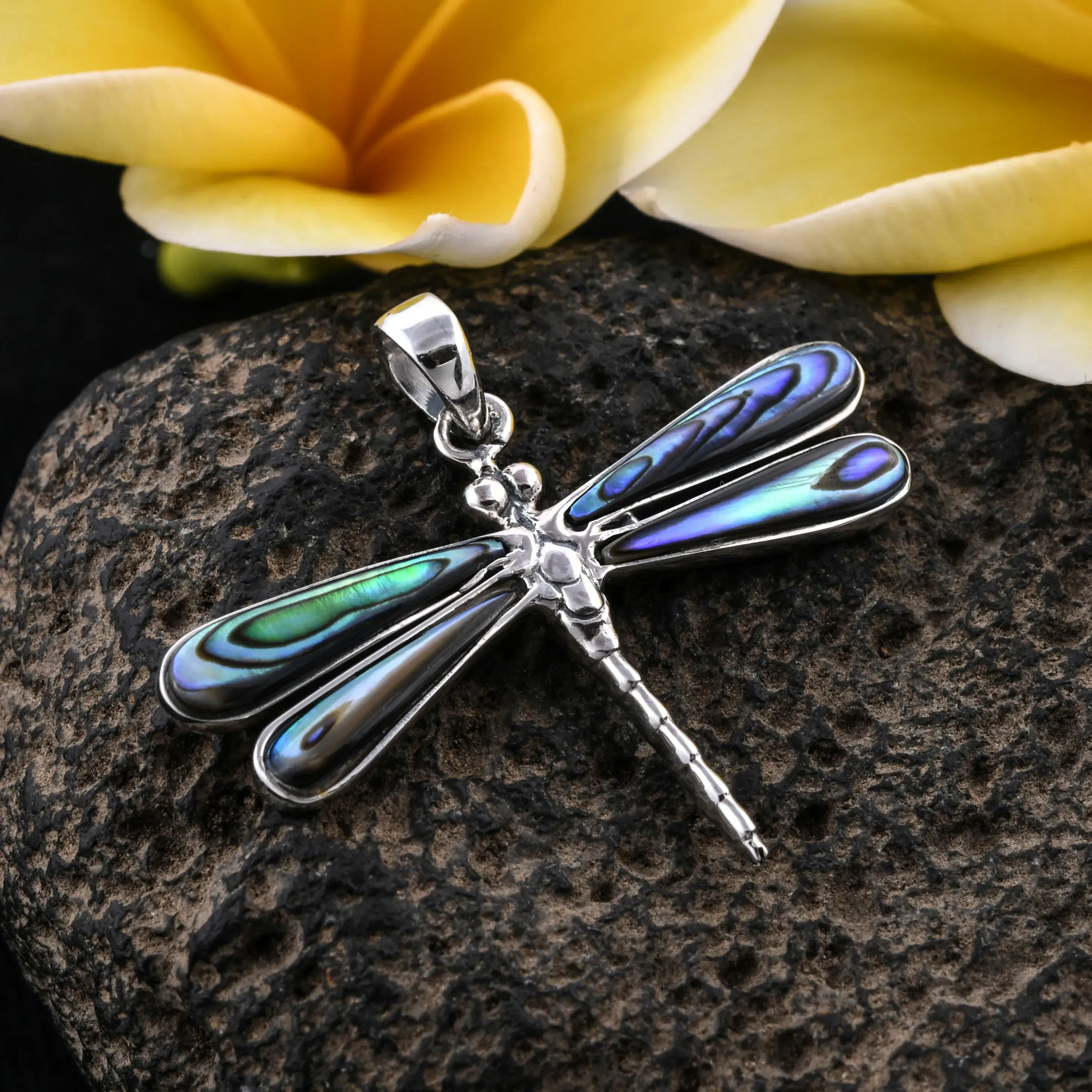Sterling silver dragonfly pendant with abalone wings.