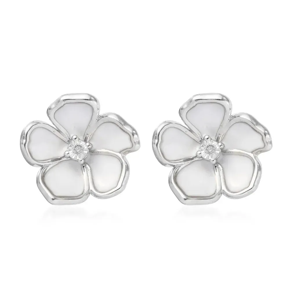 Diamond Accent and Enameled Flower Stud Earrings in Platinum Over Sterling Silver