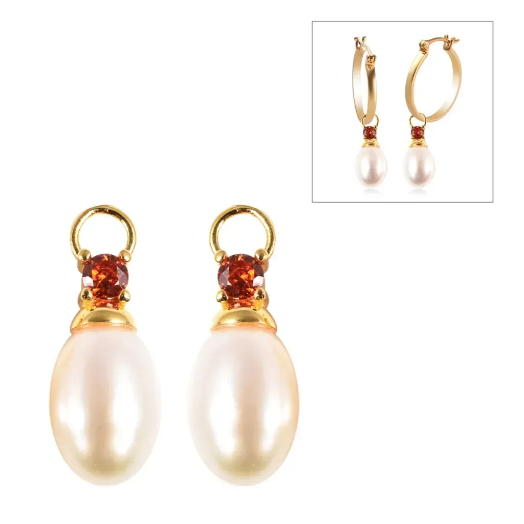 White Freshwater Pearl and Simulated Orange Diamond Interchangeable Earrings Drop Pearl Charms in 14K Yellow Gold Over Sterling Silver