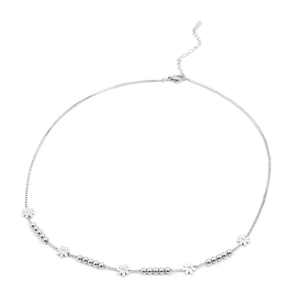 White Austrian Crystal Daisy Charm Necklace 17.5 Inches in Stainless Steel