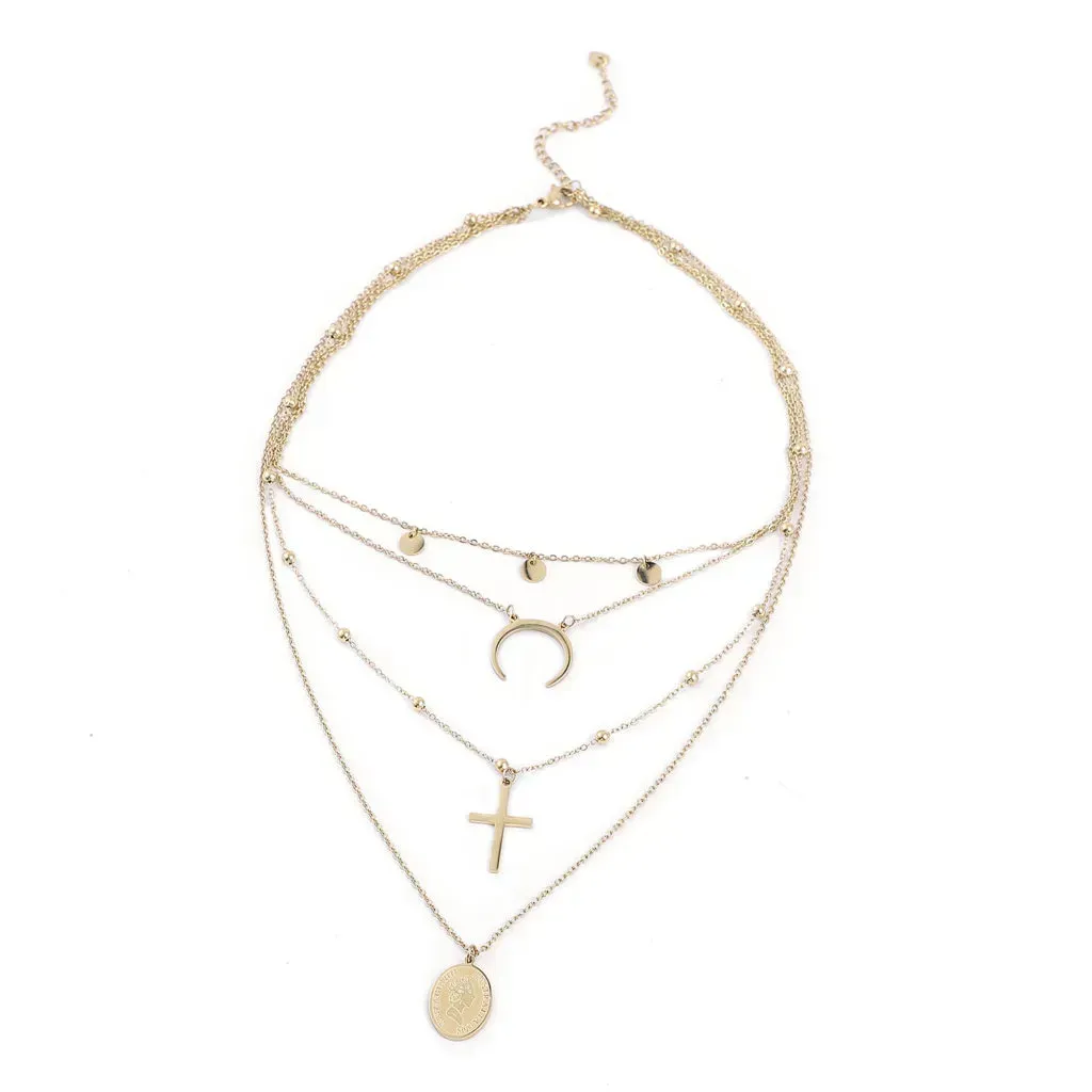 Crescent Moon, Sun, Cross Layered Necklace 14 Inches in ION Plated Yellow Gold Stainless Steel