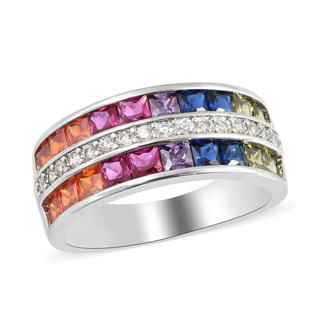 Simulated Multi Color Diamond Rainbow Half Eternity Band Ring in Silvertone