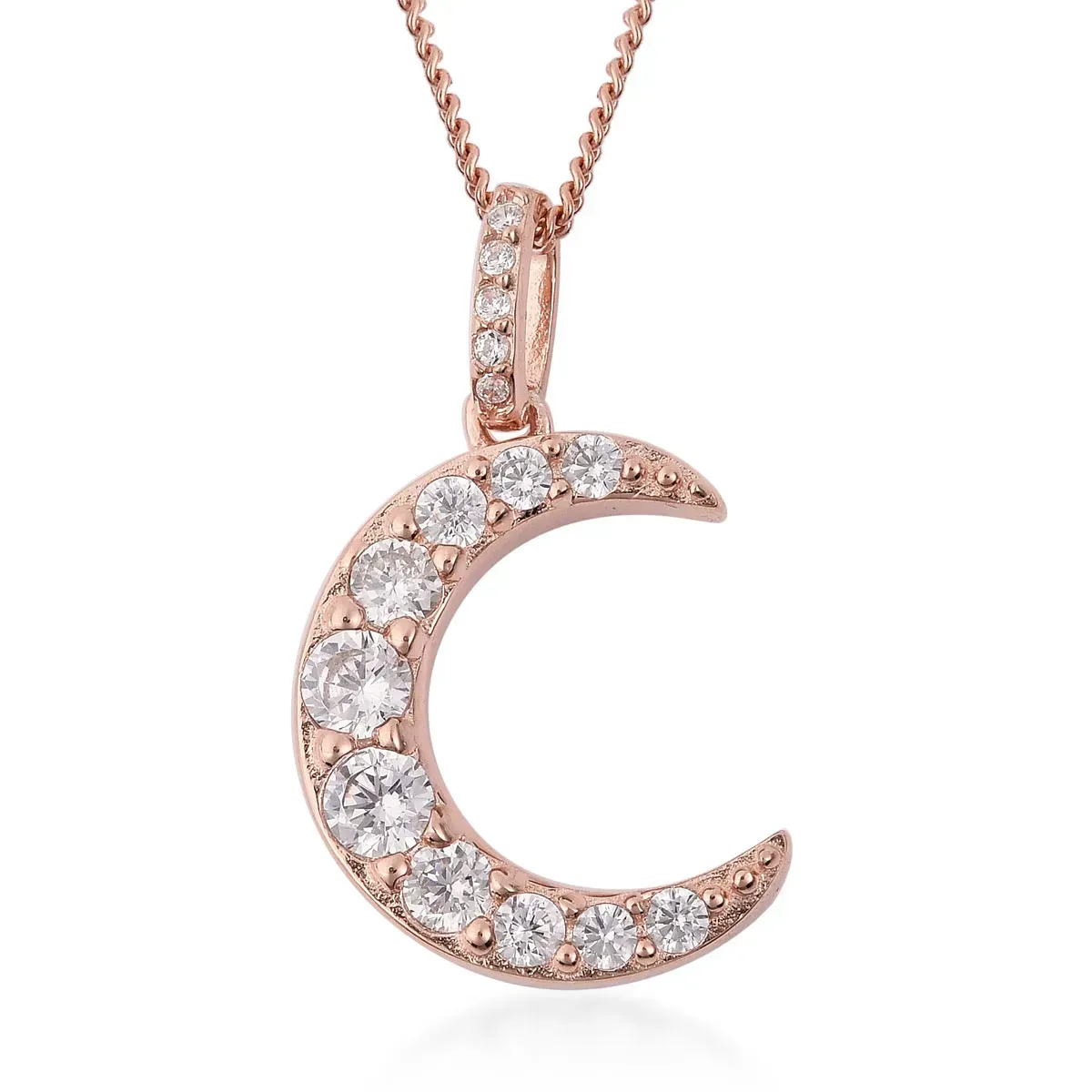 Crescent moon pendant in rose gold and featuring simulated diamonds.