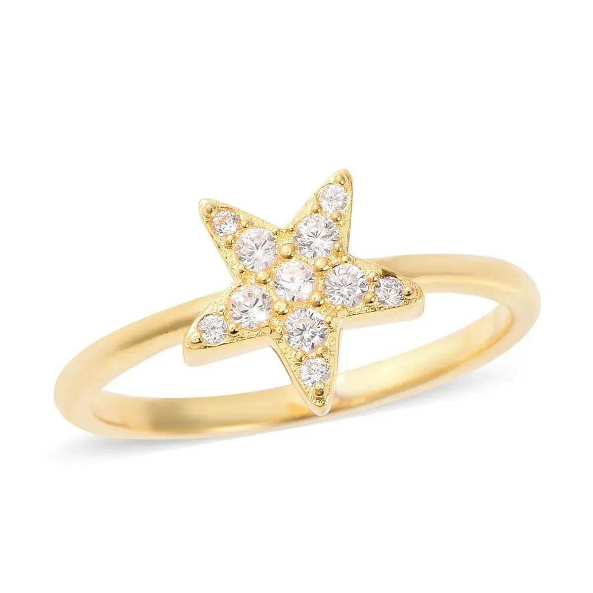 Yellow gold star ring accented with simulated diamonds.