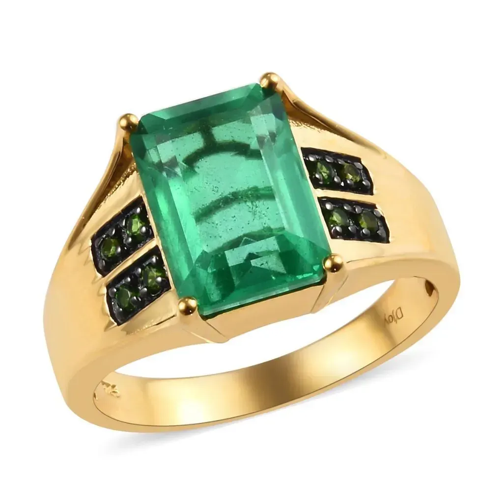 Emerald Quartz and Russian Diopside Men's Ring in Black Rhodium and Vermeil Yellow Gold Over Sterling Silver