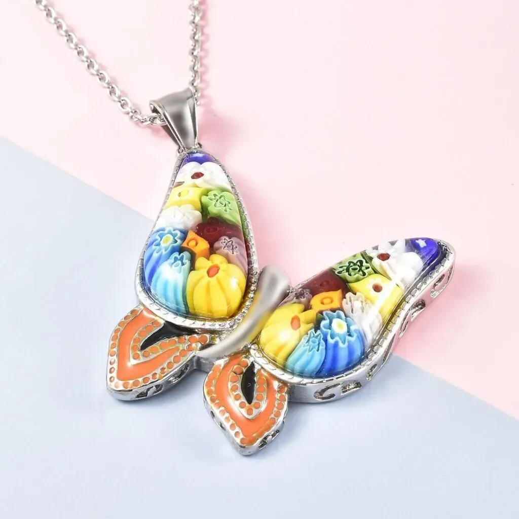 Murano Style and Enameled Butterfly Pendant Necklace 20 Inches in Stainless Steel