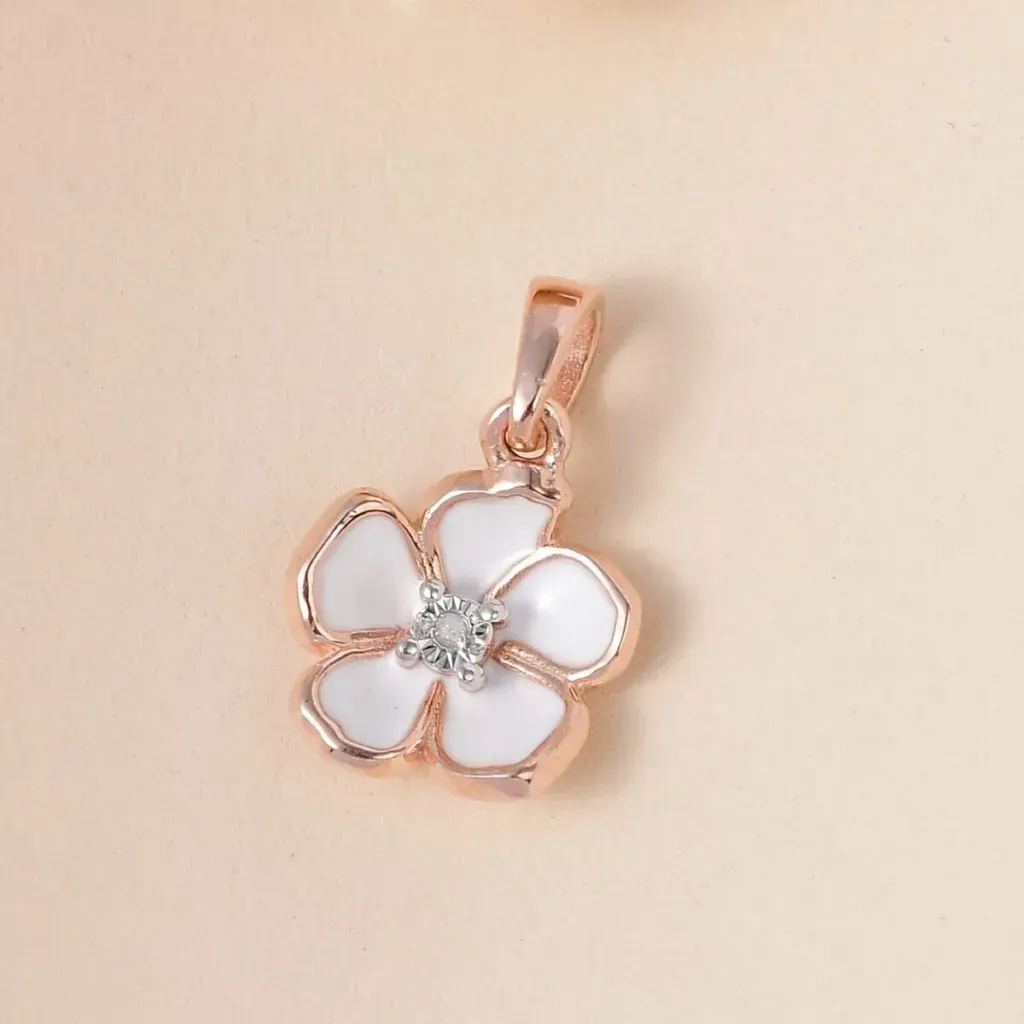 Diamond Accent and Enameled Floral Pendant in 14K Rose Gold Over Sterling Silver