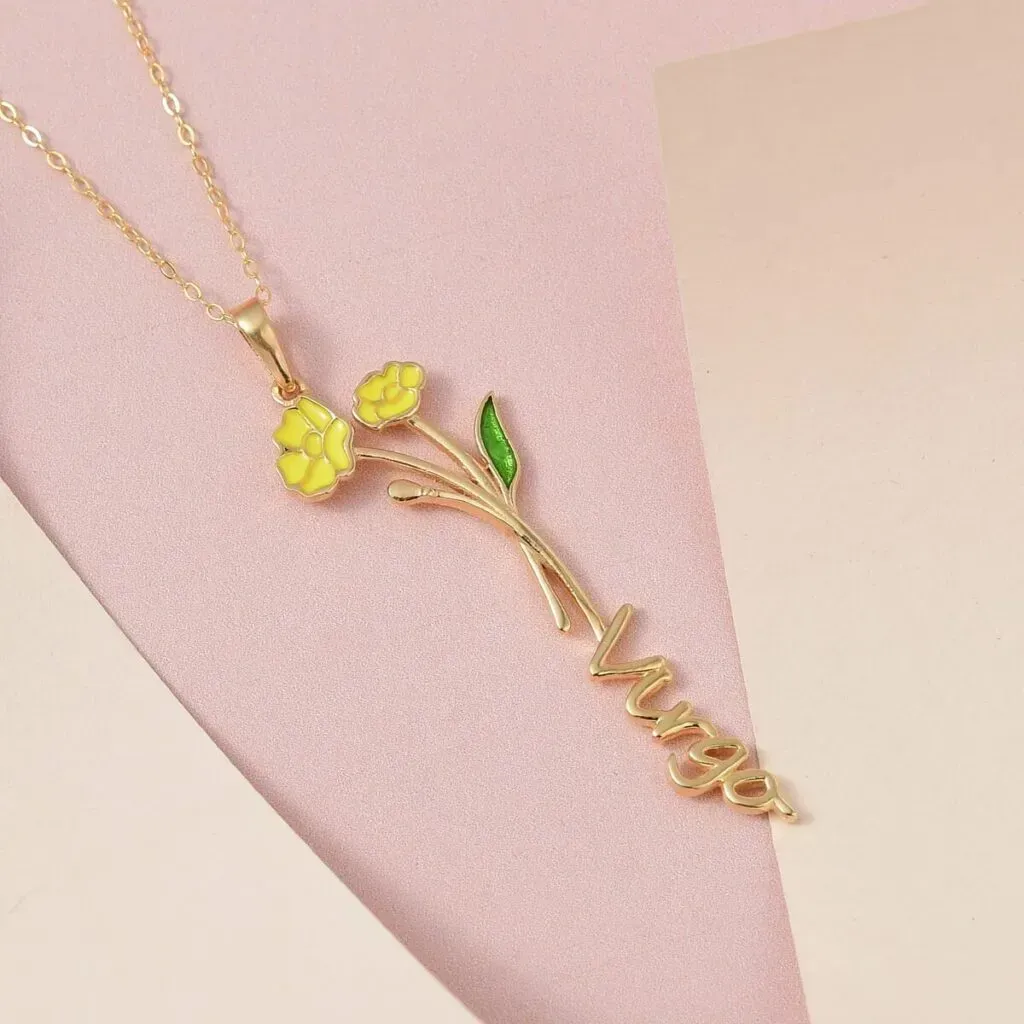 Yellow and Green Enameled Virgo Zodiac Buttercup Birth Flower Pendant Necklace (16-18 Inches) in 14K YG Over Sterling Silver