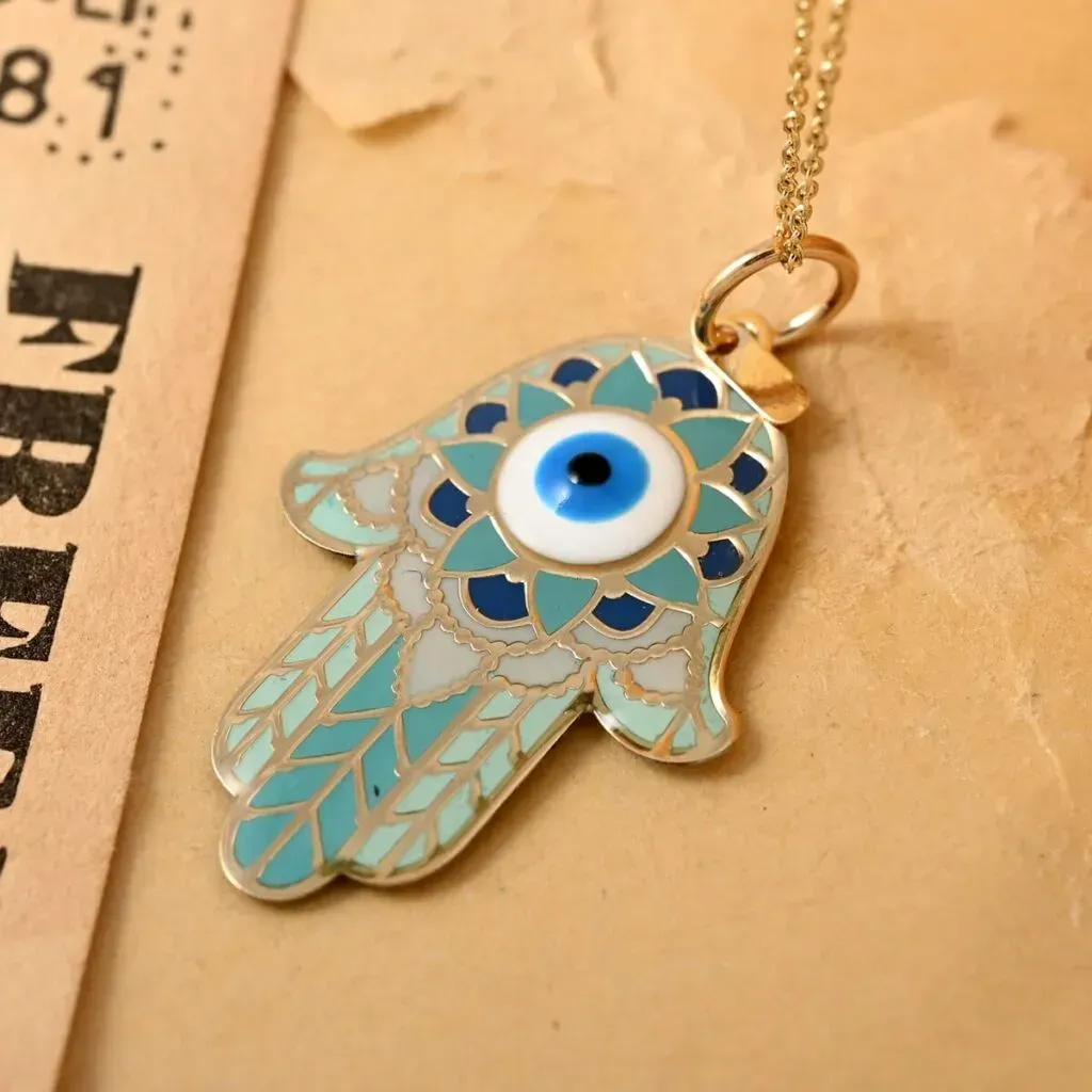 14K Yellow Gold Bohemian Enamel Hamsa Evil Eye Protector Pendant with Necklace 16-18 Inches 1.80 Grams