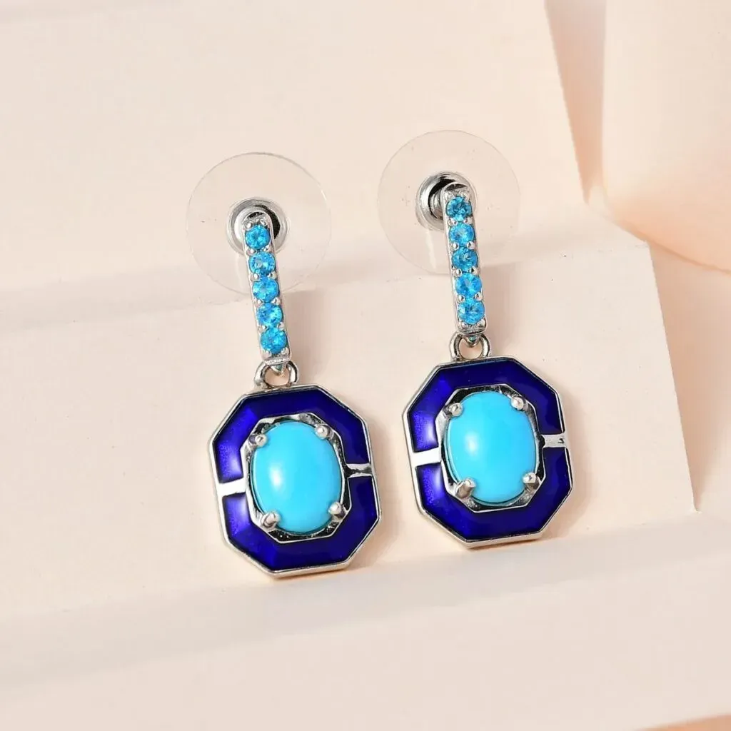 Sleeping Beauty Turquoise and Malgache Neon Apatite, Enameled Dangling Earrings in Platinum Over Sterling Silver 3.15 ctw