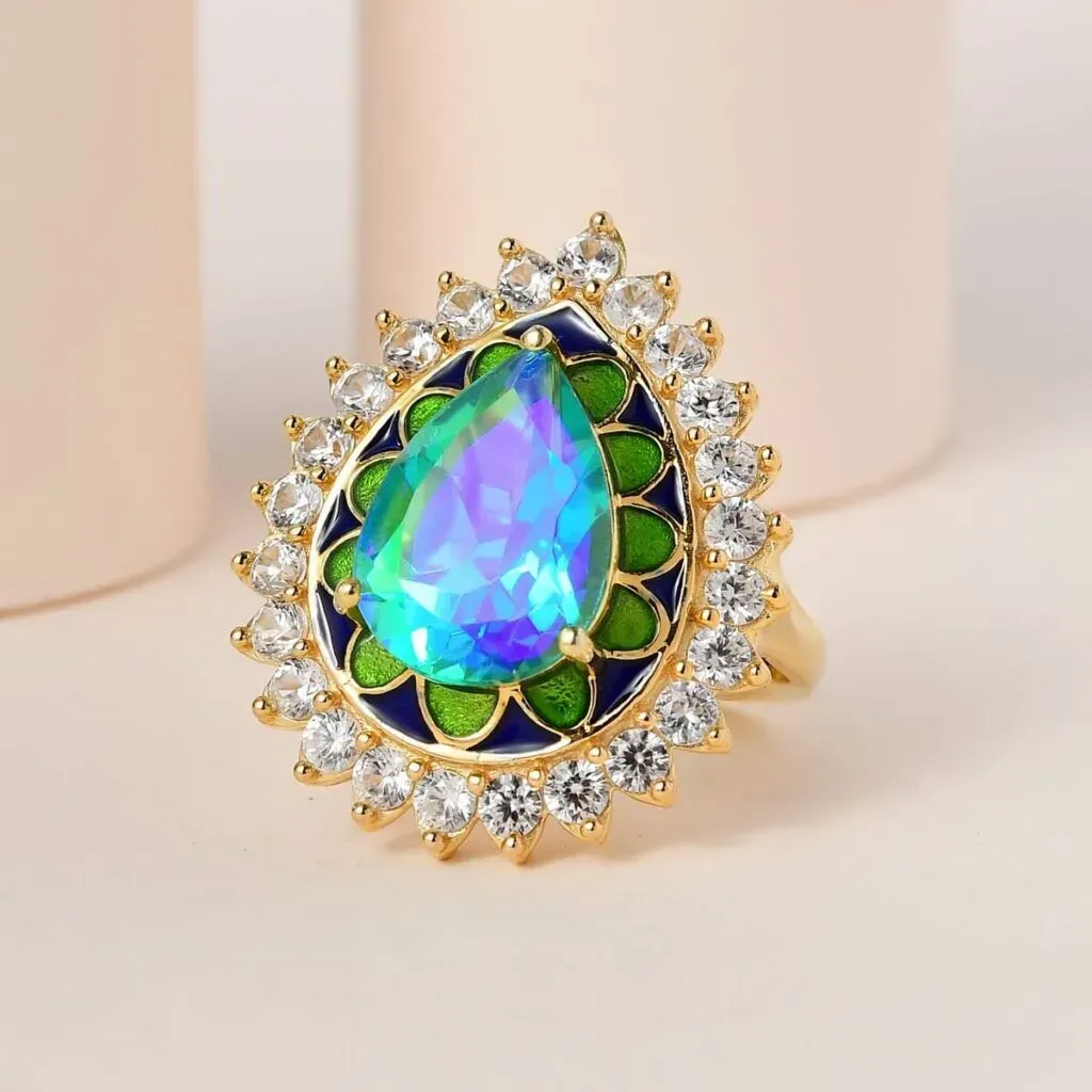Peacock Quartz (Triplet) and White Zircon Enameled Halo Ring in Vermeil Yellow Gold Over Sterling Silver 7.75 ctw