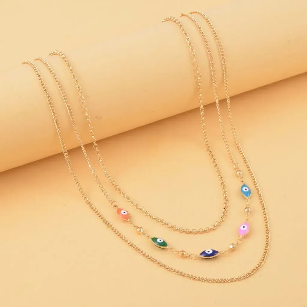 Multi Color Enameled Evil Eye Protector Station Necklace Layered Set 18-20 Inches in Goldtone