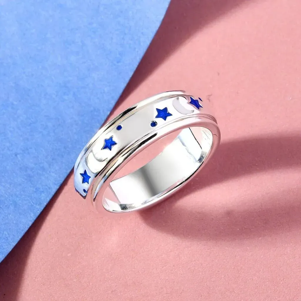 Enameled Moon Star Spinner Band Ring in Sterling Silver 4.70 Grams