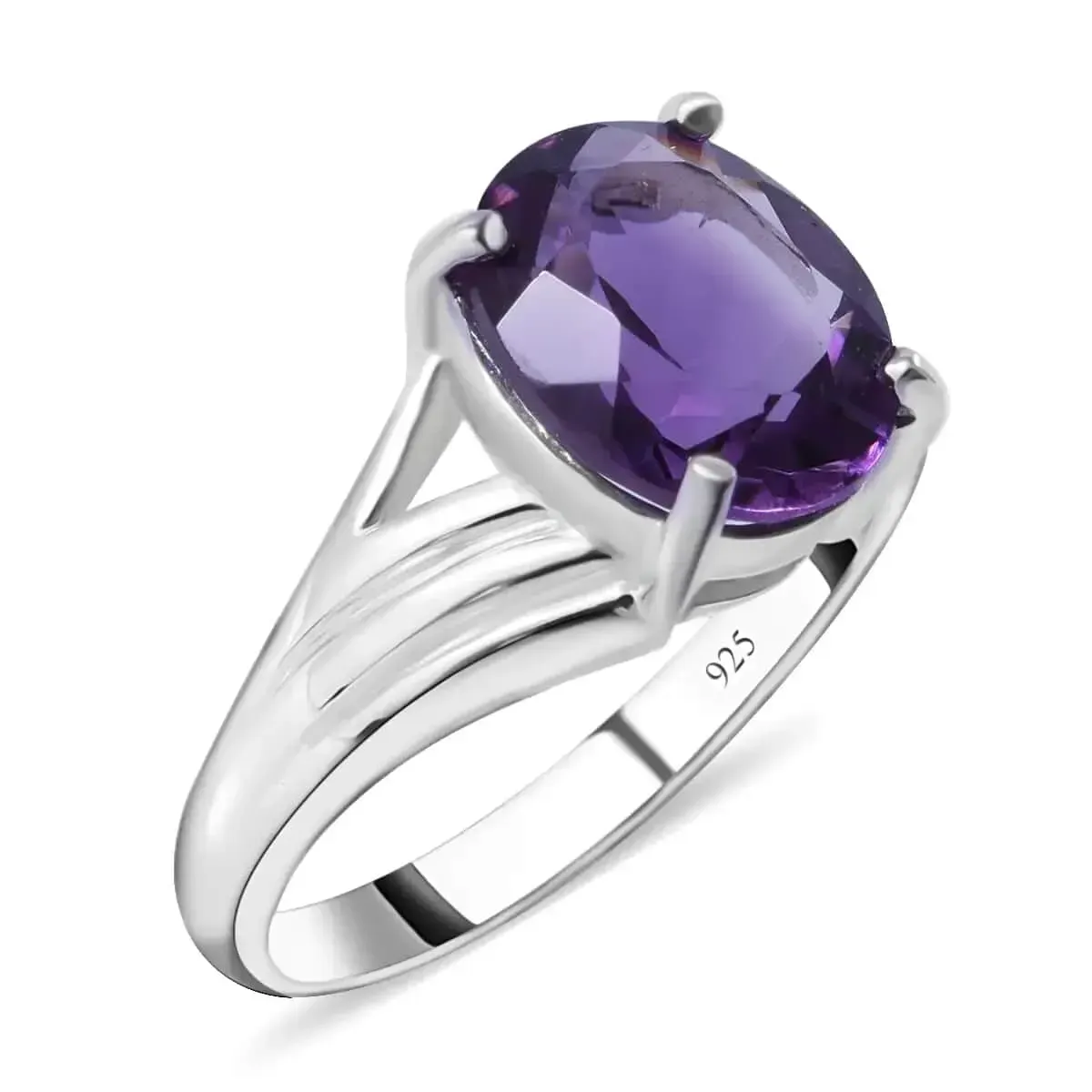 Lusaka Amethyst Solitaire Ring, Amethyst Ring, Split Shank Ring, Platinum Over Sterling Silver Ring 3.35 ctw