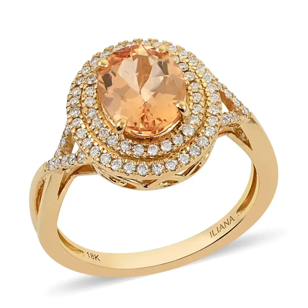 ILIANA 18K Yellow Gold AAA Natural Imperial Topaz and G-H SI Diamond Double Halo Ring 4.60 Grams 2.50 ctw