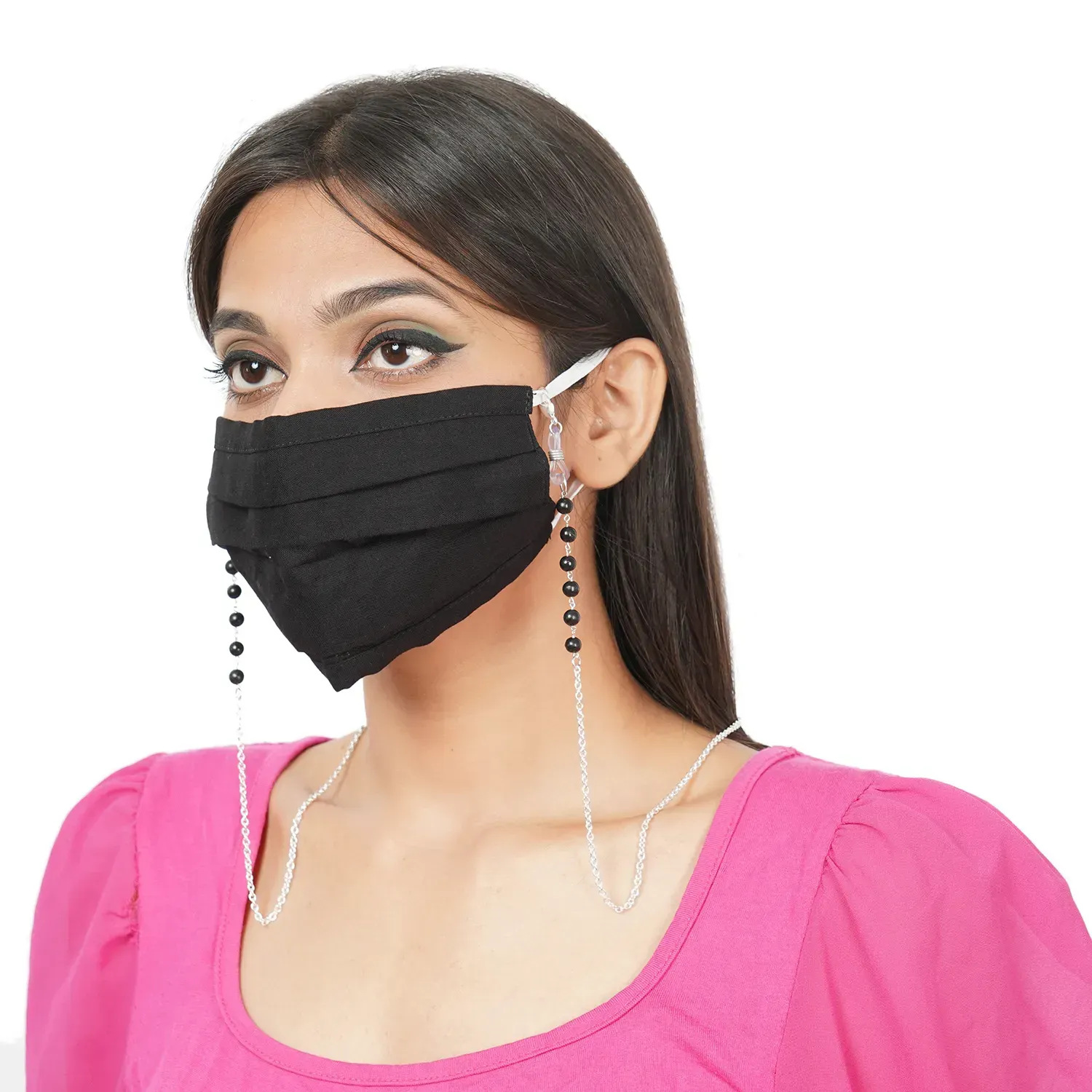 Woman wearing face mask neck chain.