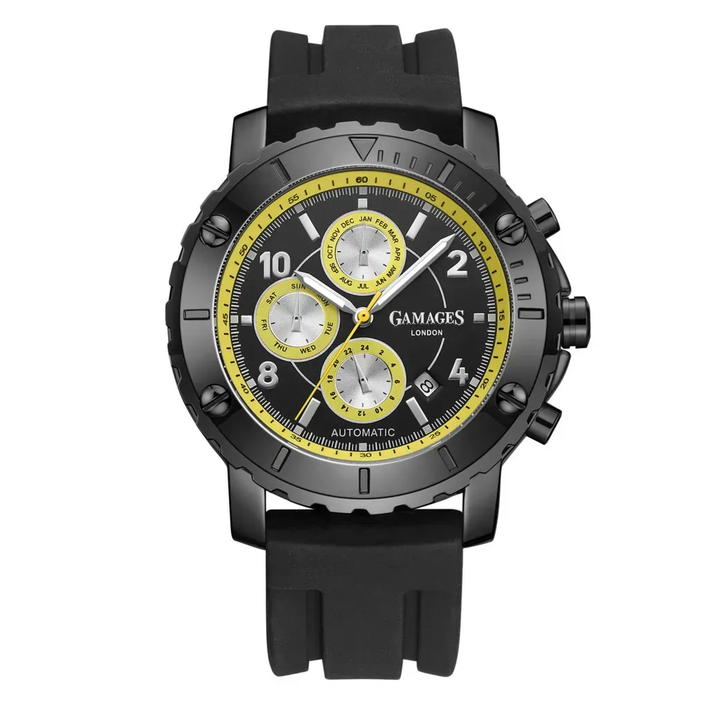 GAMAGES OF LONDON Limited Edition Hand Assembled Innovator Automatic Movement Silicone Strap Watch in Yellow (45mm)