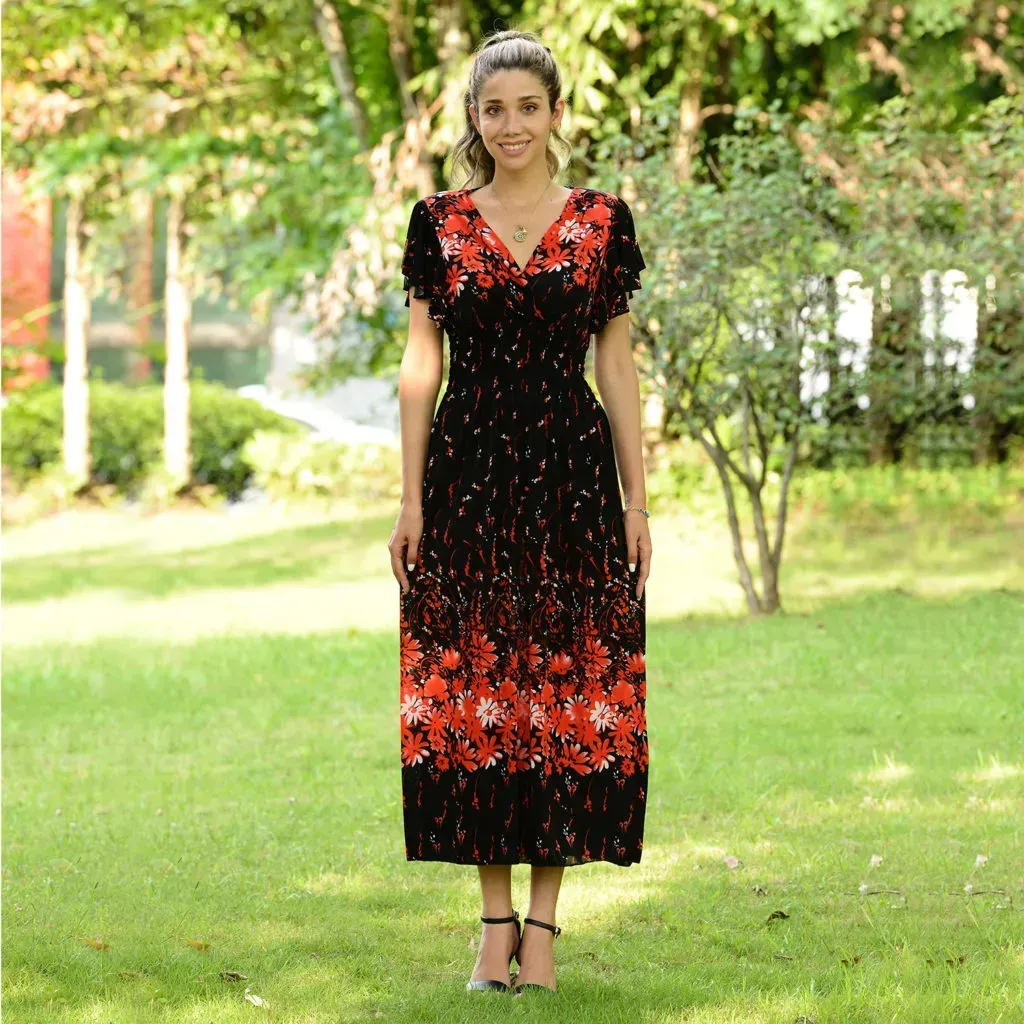 JOVIE Black Floral Smocked Waist Maxi Dress with Flutter Sleeve