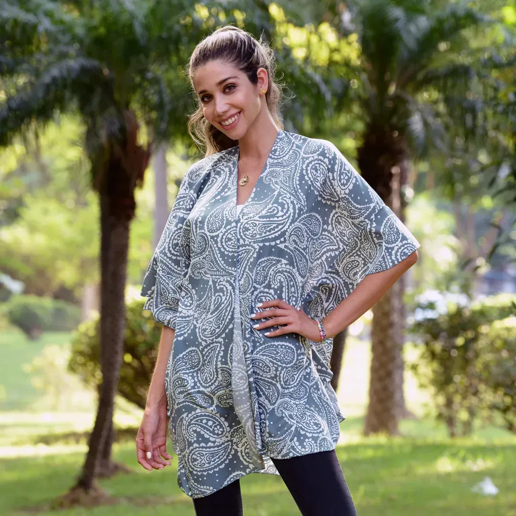 JOVIE Turquoise Bandana Printed Kimono with Ruffle Hem