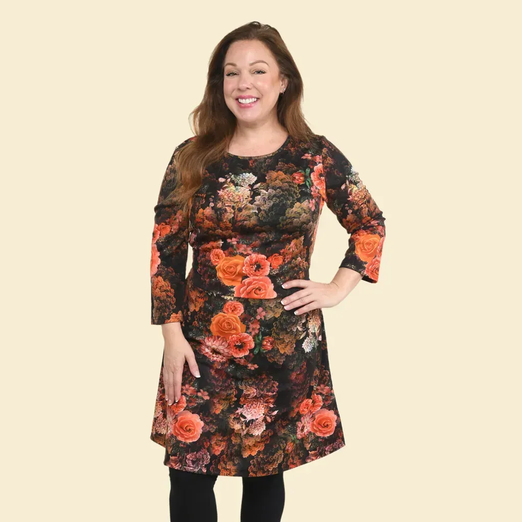 TAMSY Pink Rose Midi Drop-waist Long Sleeve Dress
