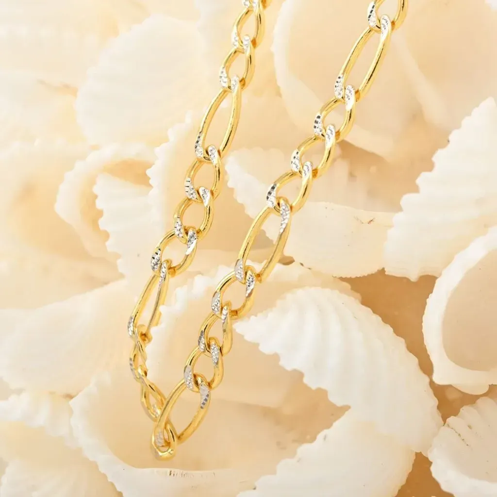 Maestro Gold Collection Italian 14K Yellow & White Gold Pave Figaro Necklace 18 Inches 6.80 Grams
