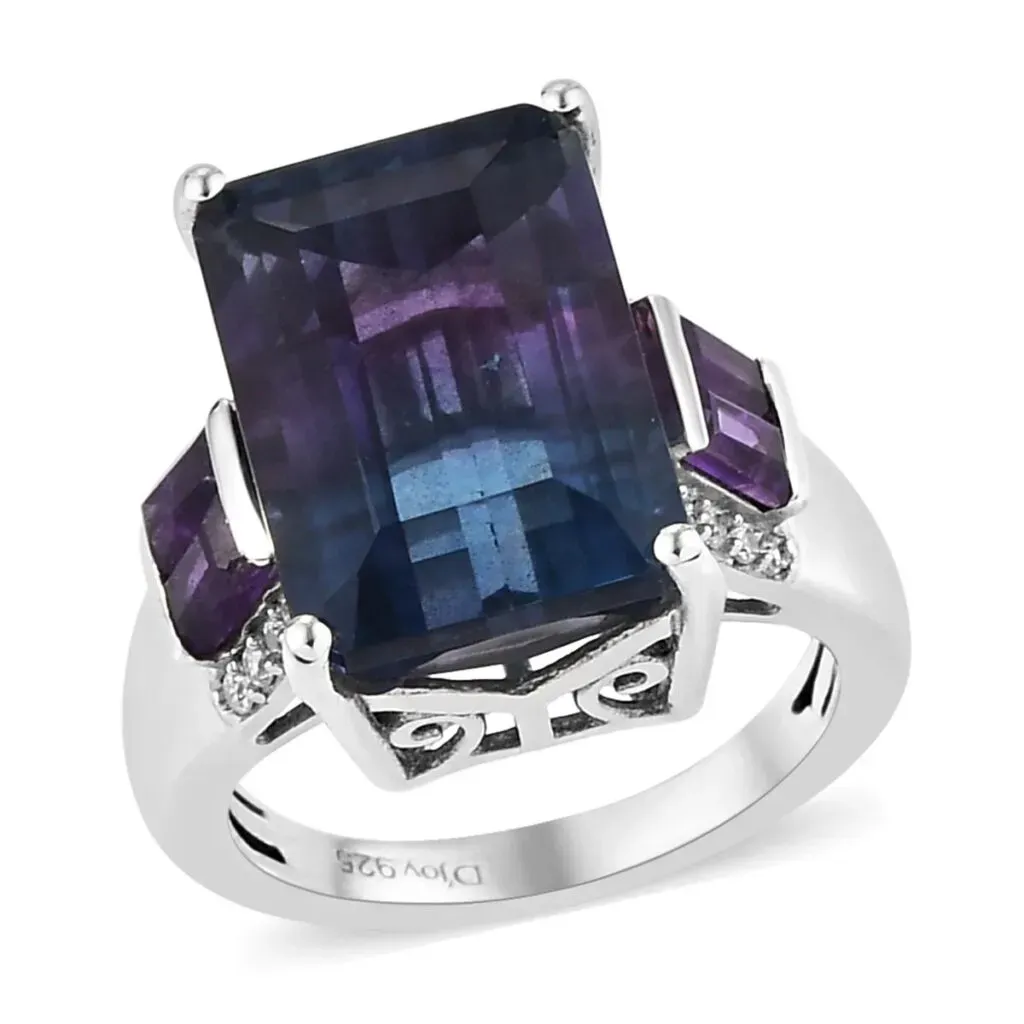 Bi Color Fluorite and Multi Gemstone Ring in Platinum Over Sterling Silver