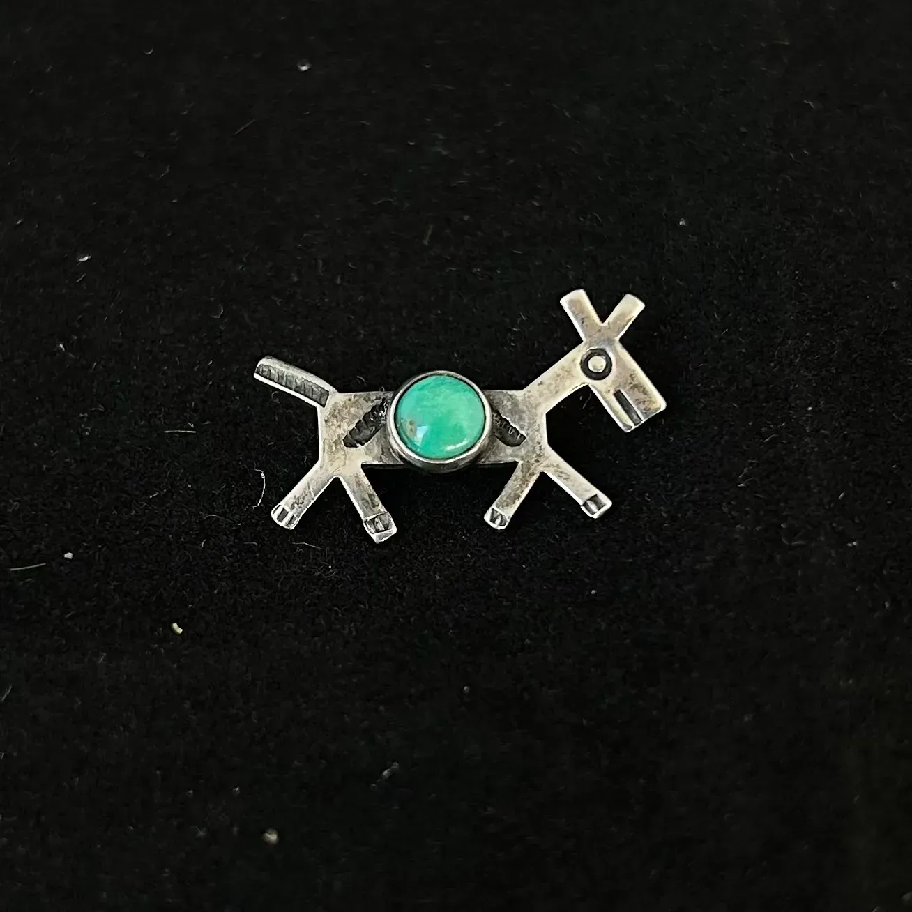 Sterling silver and turquoise Fred Harvey horse-dog pin.