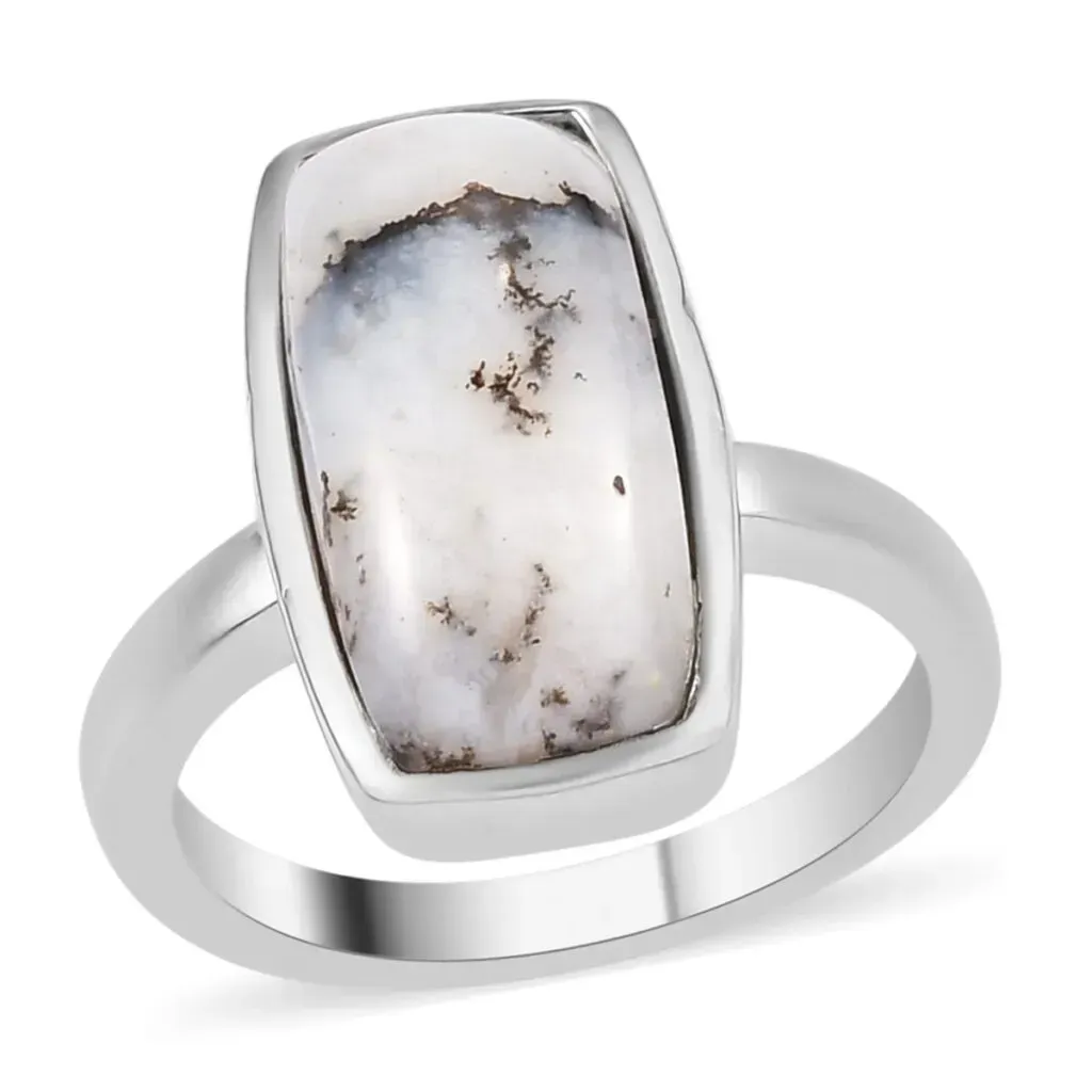 Dendritic Agate Solitaire Ring in Stainless Steel
