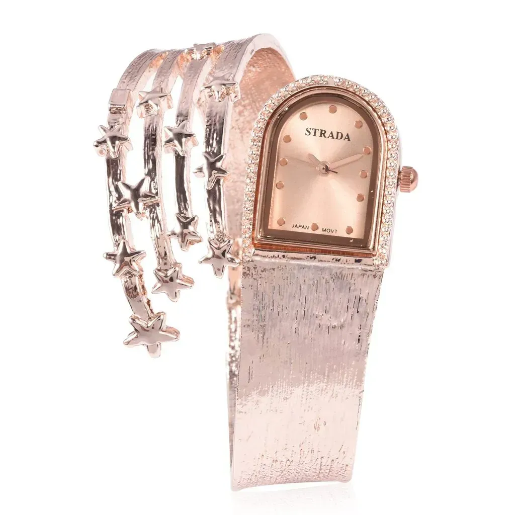 STRADA Japanese Movement Rosetone Shooting Star Bangle Watch with Stainless Steel Back