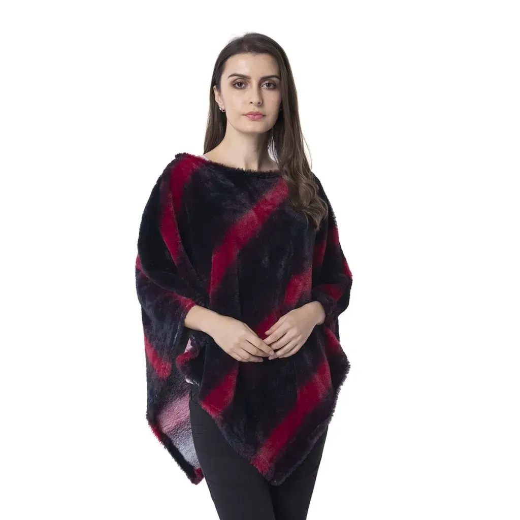 Maroon, Multi Color Faux Fur Striped Poncho