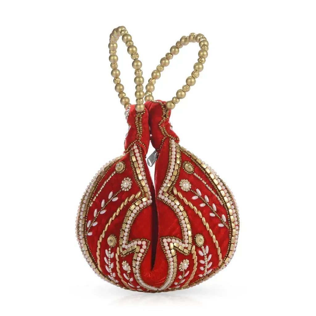 Red Velvety Embroidered Sunflower Pattern Potli Fortune Cookie Bag
