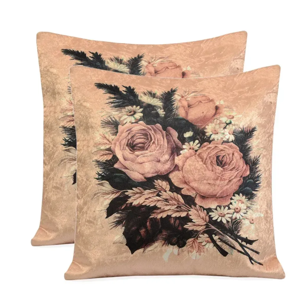 Set of 2 Apricot, Multi Color Faux Velvet Digital Rose Printed Cushion Cover 