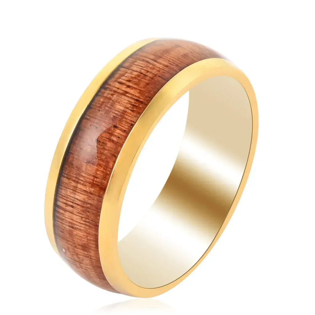 Gold plated men's ring with wood inlay. 