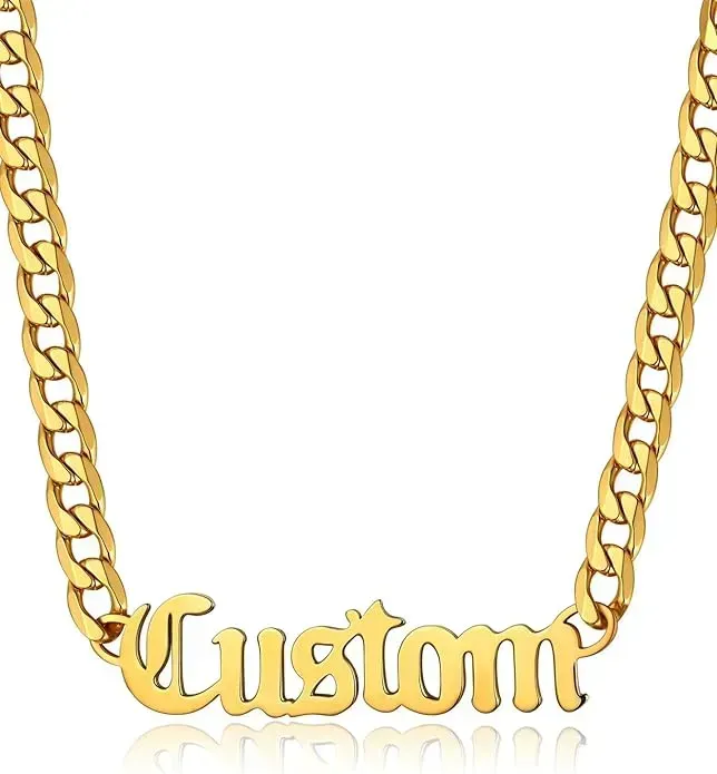 Custom gold necklace on white background. 