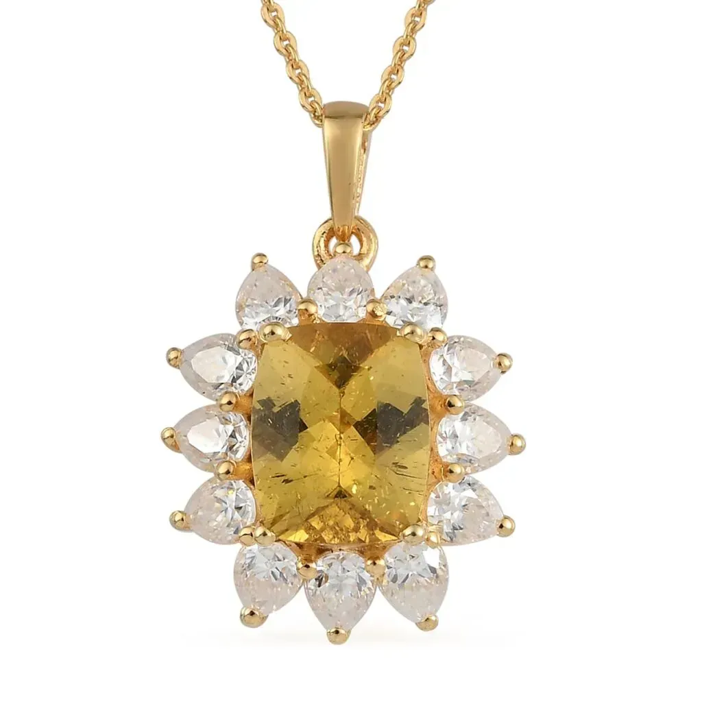 Brazilian Golden Apatite and Moissanite Sunburst Pendant Necklace 20 Inches in Vermeil Yellow Gold Over Sterling Silver 5.15 ctw