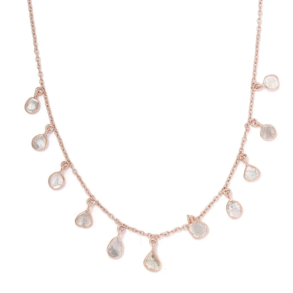 Artisan Crafted Polki Diamond Dainty Drop Station Necklace 18-20 Inches in 14K Rose Gold Over Sterling Silver