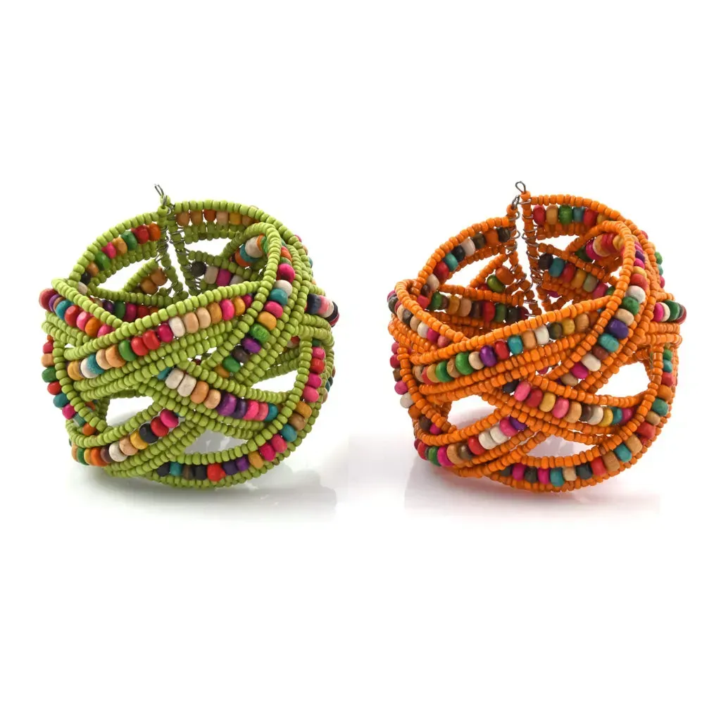 Multi Color Glass Bead & Wooden Beaded Set of 2 Cuff Bracelets